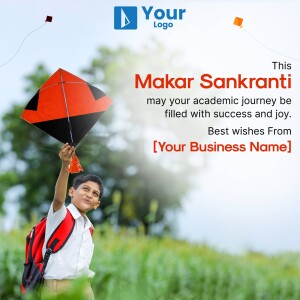 Image of a boy flying a kite with Makar Sankranti greetings.