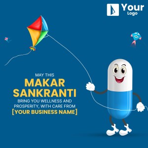 Makar Sankranti greeting with a kite and a pill character