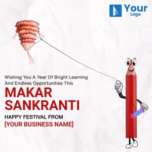 Makar Sankranti greeting with a kite and pencil character