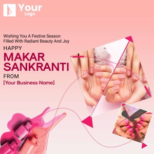 Makar Sankranti greeting card with kite and nail polish imagery.