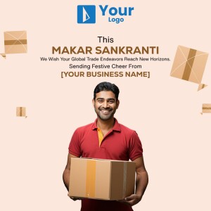 Delivery person holding a package with Makar Sankranti greetings.