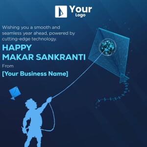 Makar Sankranti greeting with a kite and technology theme.