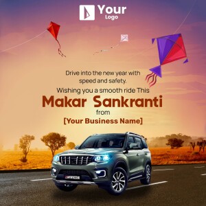 Image of a car with kites flying, wishing a Happy Makar Sankranti
