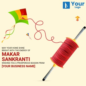 Image of a kite flying with a spool of kite string and Makar Sankranti wishes.