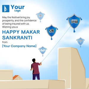 Makar Sankranti celebration with kites and a cityscape