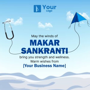 Makar Sankranti greeting with a kite, stethoscope, and text.