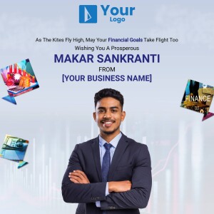 Makar Sankranti greeting with a financial theme and a young professional.