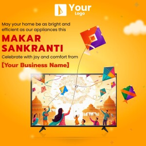 Makar Sankranti festive advertisement featuring kites and a TV displaying a kite-filled sky.