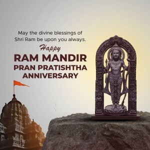 Image depicting Lord Ram and the Ram Mandir, celebrating the Pran Pratishtha anniversary.