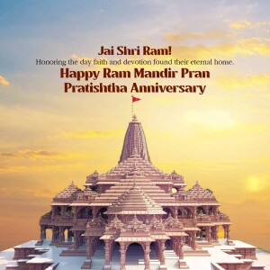 Ram Mandir in Ayodhya with text 'Happy Ram Mandir Pran Pratishtha Anniversary'