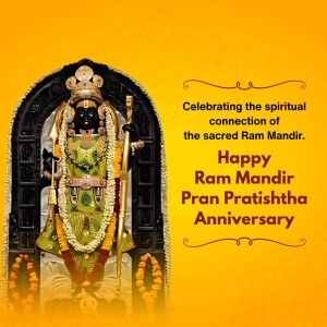 Image of deity adorned with garlands in front of a dark backdrop with text celebrating Ram Mandir Pran Pratishtha Anniversary.