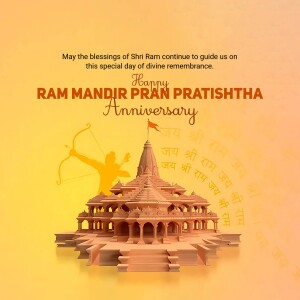 Ram Mandir Pran Pratishtha Anniversary celebration image with temple illustration
