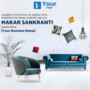 Makar Sankranti festival greeting with furniture and kite decorations