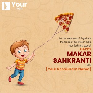 Illustration of a boy flying a pizza kite with Makar Sankranti greetings.