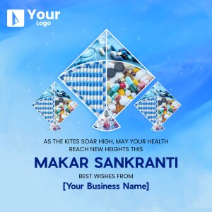Makar Sankranti greeting with a kite design filled with medicine imagery.