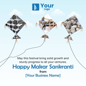 Three kites flying against a light blue gradient background with Makar Sankranti greetings.