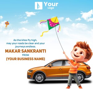 Image of a boy flying a kite with a car in the background, celebrating Makar Sankranti.