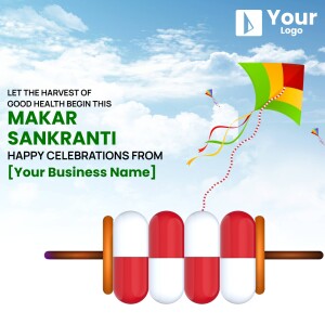 Makar Sankranti greeting with kite and pills illustration