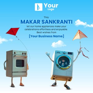 Makar Sankranti themed advertisement featuring animated appliances.