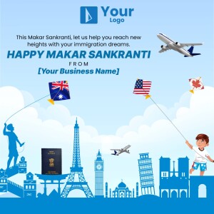 Makar Sankranti greeting with immigration theme featuring kites and landmarks.
