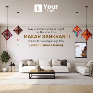 Makar Sankranti celebration image with kites and a cozy living room