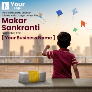A boy flying a kite with a city skyline in the background, celebrating Makar Sankranti.