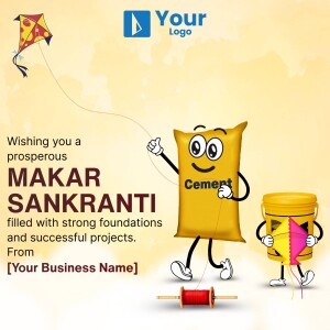 Makar Sankranti greeting with a cartoon cement bag and kite