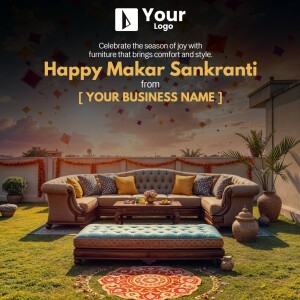 Makar Sankranti furniture promotion with a sofa set and kite decorations.