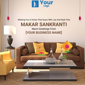Makar Sankranti greetings with a living room scene and kite decorations.