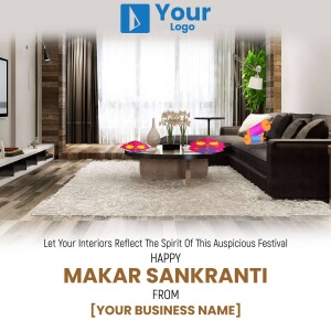 Living room interior with Makar Sankranti greeting