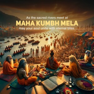 A vibrant scene of Maha Kumbh Mela with devotees, boats, and a spiritual atmosphere.