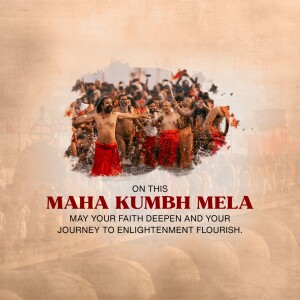 Crowd of devotees at Maha Kumbh Mela with text 'Maha Kumbh Mela'