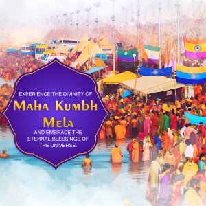 Crowd of devotees bathing in the Ganges River during Maha Kumbh Mela with flags and a promotional graphic.