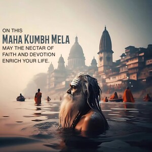 A serene image of a sadhu immersed in the Ganges River during Maha Kumbh Mela, with a temple in the background.