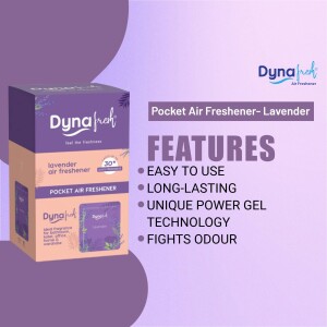 DynaFresh Lavender Pocket Air Freshener product shot with features listed