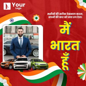 Image featuring a man with cars and Indian flag elements for Independence Day promotion.