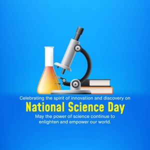 Illustration of a microscope, flask, books, and text celebrating National Science Day.