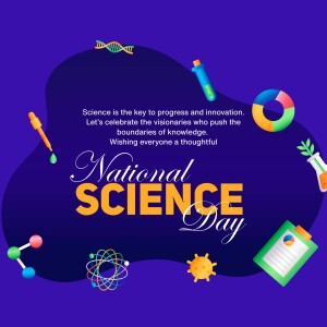 National Science Day graphic with science-related icons and text.