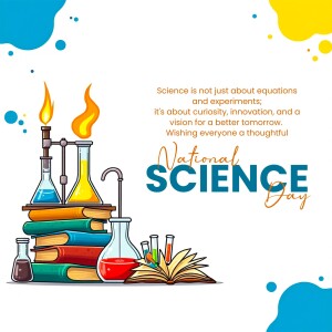 Illustration depicting science equipment, books, and a flame with text 'National Science Day'