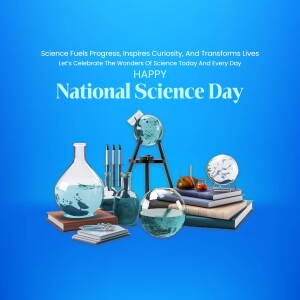 National Science Day graphic with science equipment and books