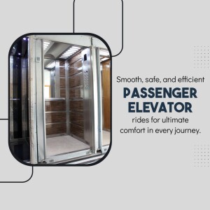 Interior view of a modern passenger elevator with stainless steel walls and lighting.