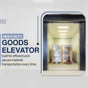 Image of a heavy-duty goods elevator with stacked pallets inside.