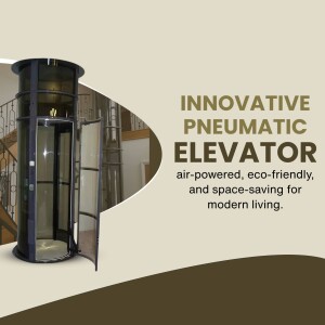 A modern pneumatic elevator installed in a home with a staircase.