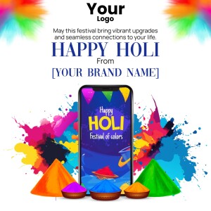 Happy Holi greeting card with smartphone mockup and colorful splashes