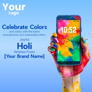Hand holding a smartphone with colorful Holi splash and promotional text.