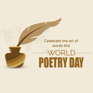 Illustration of a quill and inkwell with text celebrating World Poetry Day
