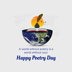 Illustration of an open book resting on a globe with a quill and inkwell, celebrating Poetry Day.