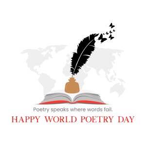 Illustration of a quill pen, inkwell, and open book with butterflies, celebrating World Poetry Day.