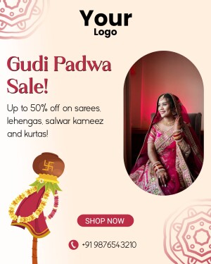 Gudi Padwa Sale advertisement featuring a woman in traditional attire and festive decorations.