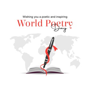 World Poetry Day graphic with a pen, open book, and world map